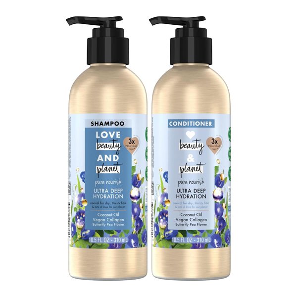 Love Beauty Planet Shampoo and Conditioner Coconut Oil & Vegan Collagen Ultra Deep Hydration - Sulfate-Free Shampoo and Conditioner for Damaged Dry Hair Scented 10.5 Oz